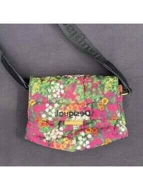 Desigual Floral Print Mini Crossbody Bag — Quilted Fabric — Black Strap